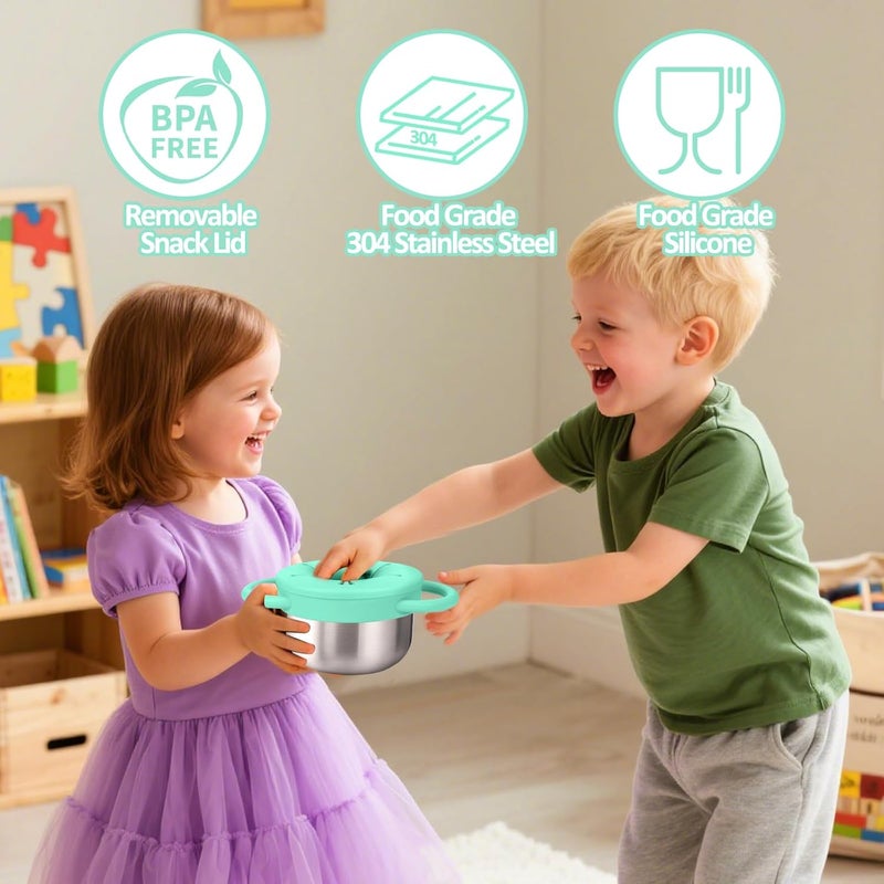 BUSOHA Stainless Steel Toddler Snack Cups - 9 OZ Spill-Proof Baby Snack Containers with Silicone Catcher and Lid Travel Snack Containers for Kids Food Grade Silicone Dishwasher Safe,Green - Image 4